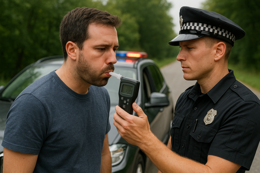 A man doing a breathalyzer test after being pulled over