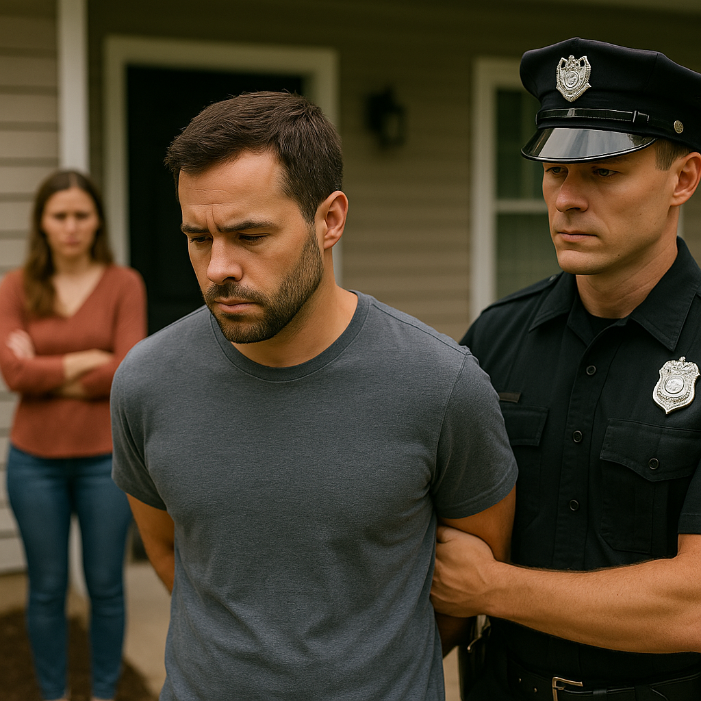 A man being taken away from his wife by police for dv charge