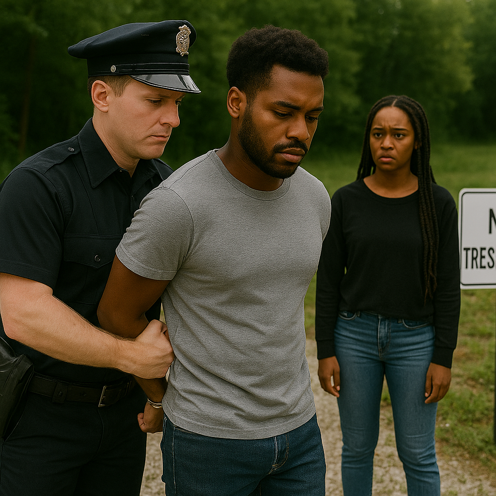 A man getting taken away by an officer for trespassing