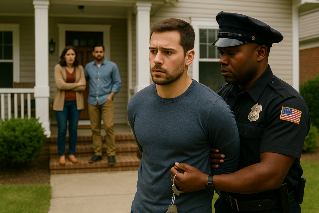 A man being taken away for simple assault charges