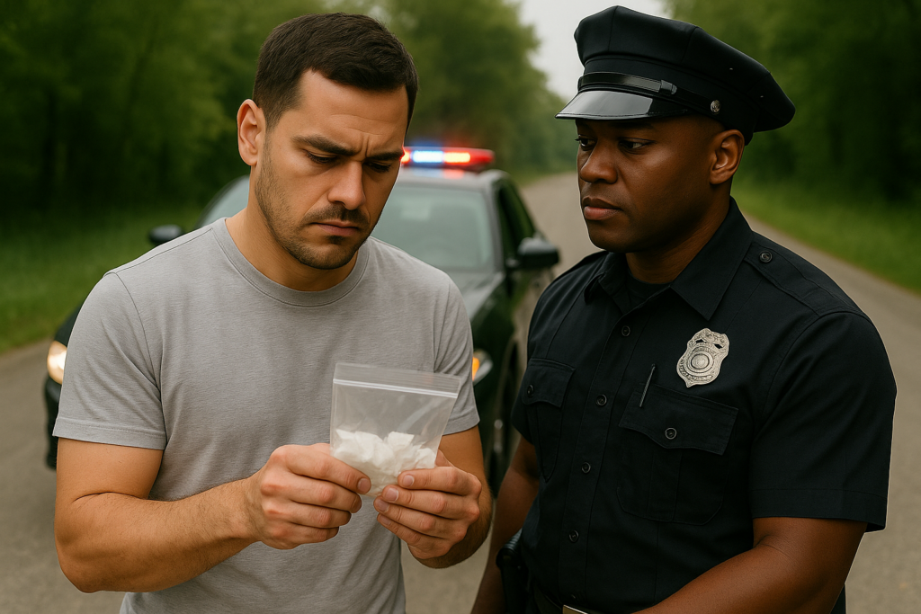 A man with a controlled substance in his hand with a police officer